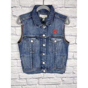 OUTERKNOWN Men's Sleeveless Denim Button Front Bicycle Embroidered Vest Medium